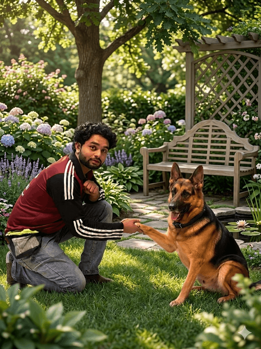 Professional dog trainer with German Shepherd in a green park. Full body training session outdoors