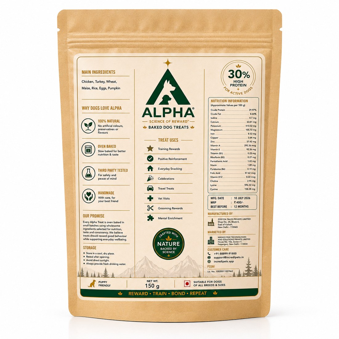 ALPHA Baked Dog Treats, back of pack with ingredients and nutrition