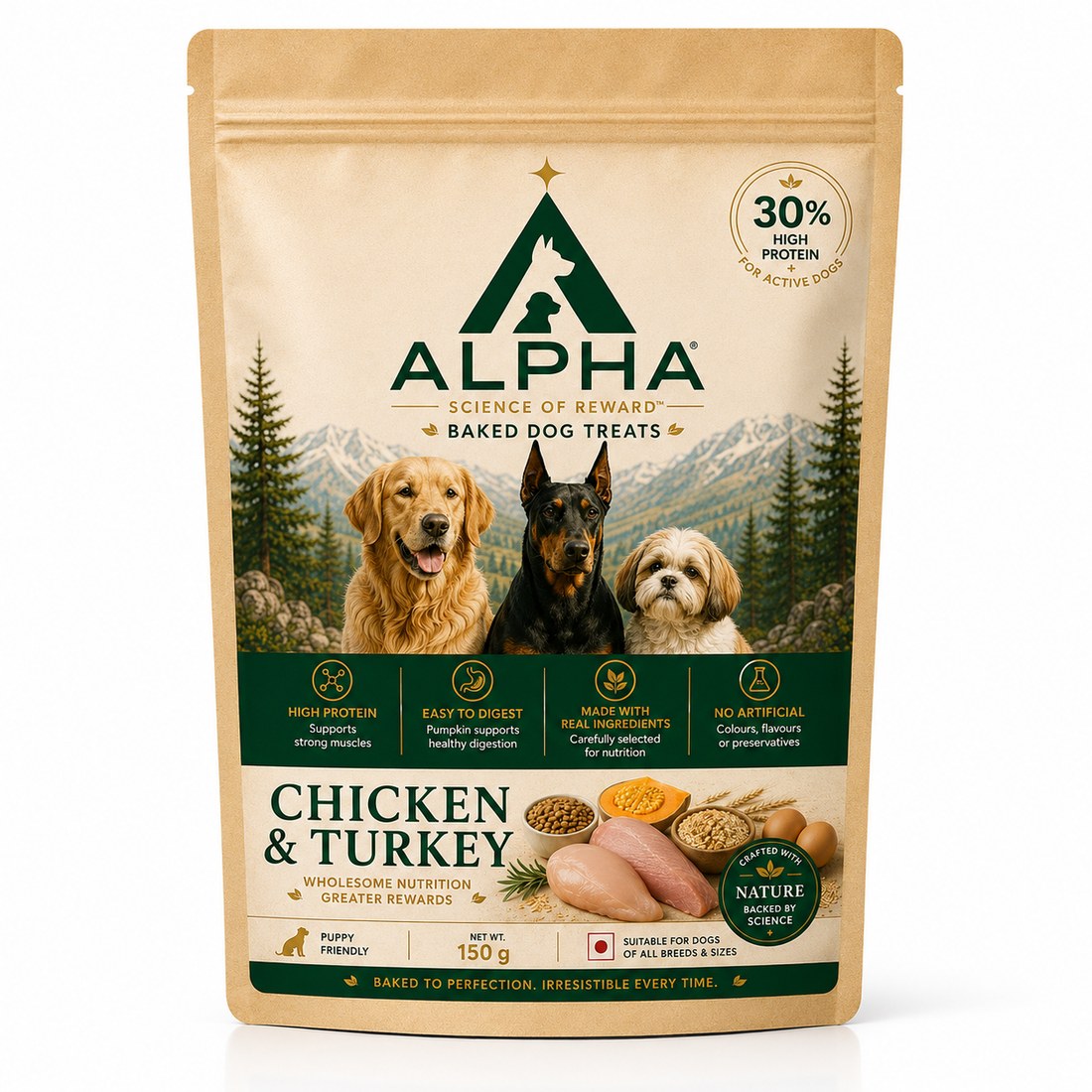 ALPHA Baked Dog Treats Chicken and Turkey 150 g, front of pack