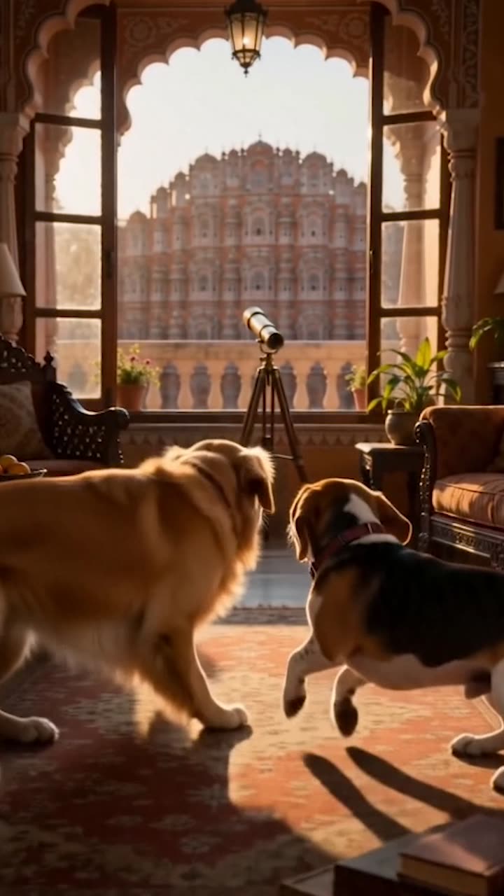 Two dogs in a Jaipur haveli looking out through a carved arch towards Hawa Mahal